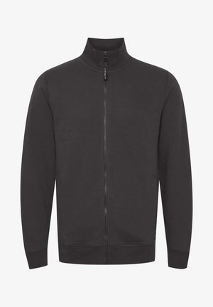 Ciemnoszary, rozpinany sweter z wysokim kołnierzem, długimi rękawami i kieszeniami po bokach. Wykonany z gładkiego, miękkiego materiału o prostym designie.