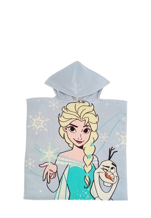 Kinder-Kapuzenponcho mit den Frozen-Figuren Elsa und Olaf, Schneeflocken und winterlichem Design auf hellblauem Hintergrund.
