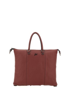 Ampia borsa rettangolare in pelle marrone con due manici, chiusura a zip e logo del marchio discreto al centro anteriore.