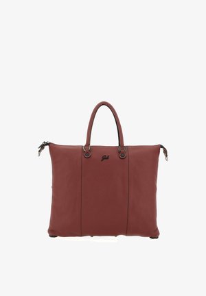 Ampia borsa rettangolare in pelle marrone con due manici, chiusura a zip e logo del marchio discreto al centro anteriore.