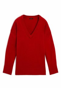 Pull rouge à col en V fabriqué en tissu tricoté doux. Il présente des manches longues et des poignets et un ourlet côtelés. Design simple et classique.