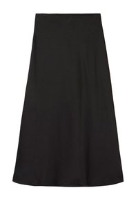 Musta, polvipituinen A-linjainen hame, joka on valmistettu sileästä kankaasta. Ominaisuuksiin kuuluu saumatön vyötärölinja ja virtaava muotoilu, joka sopii erilaisiin tilaisuuksiin.