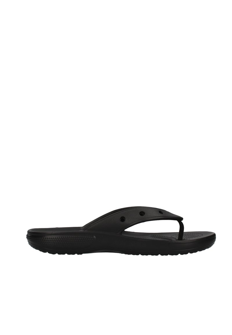 Sandale tongs noires avec une semelle en caoutchouc lisse, design de bride entre les orteils, et des trous de ventilation sur le dessus pour une meilleure respirabilité.