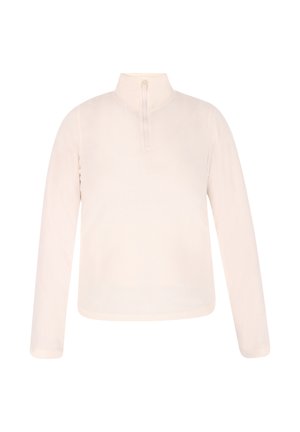 Lichtbeige longsleeve top met een hoge kraag en een kwart-ritssluiting. Zacht, glad stof met een ontspannen pasvorm en zonder zichtbare patronen.