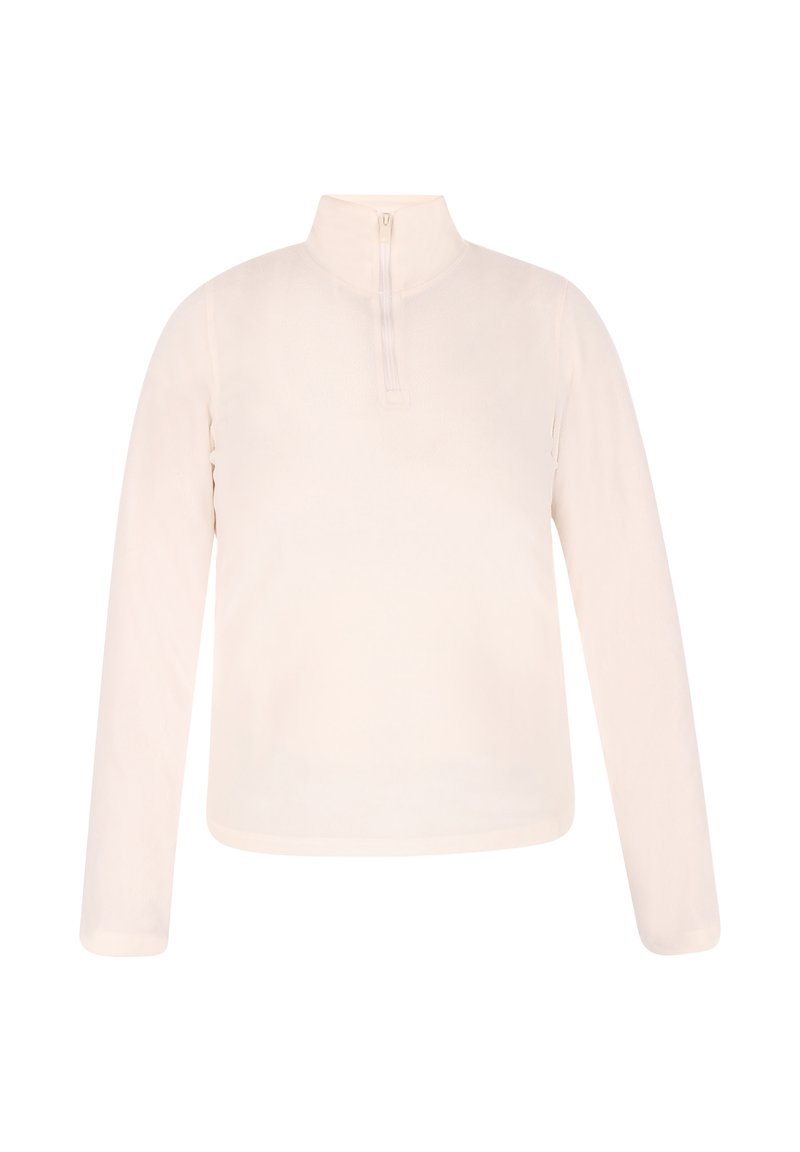 Lys beige langærmet top med høj krave og kvart lynlås. Blødt, glat stof med en afslappet pasform og ingen synlige mønstre.