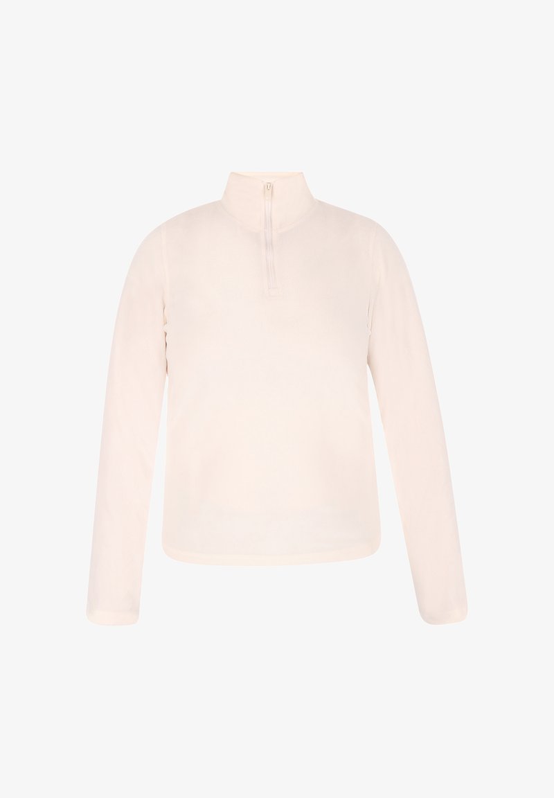 Ljust beige långärmad topp med hög krage och kvartslång dragkedja. Mjuk, slät tyg med avslappnad passform och inga synliga mönster.