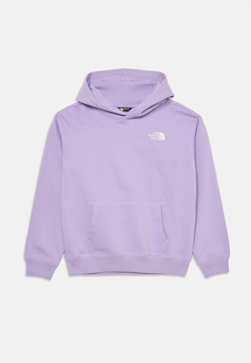 Camisola com capuz roxa feita de um tecido macio, com bolso canguru, punhos canelados e um pequeno logo branco no peito.