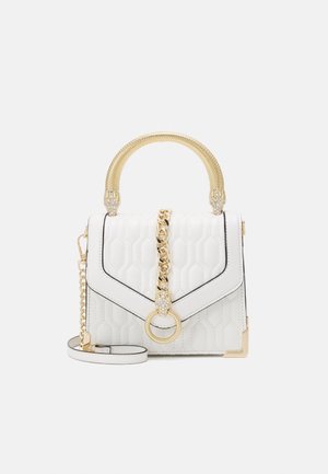 White quilted handbag with a gold chain accent, curved handle, and a detachable strap. Features honeycomb texture and gold hardware.