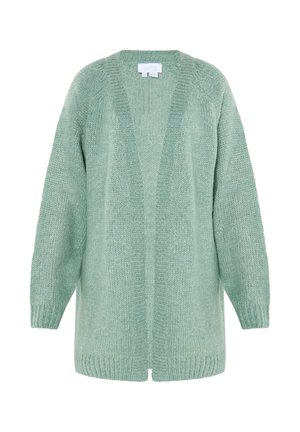 Cardigan tricotat de culoare verde deschis, cu deschidere în față, umeri lăsați și tiv cu model cu caneluri. Textură moale și croială lejeră, potrivit pentru suprapunere.