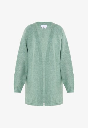 Hellgrüne Strickjacke mit offener Front, abgesenkten Schultern und geripptem Saum. Weicher Griff und lockere Passform, ideal zum Layering.