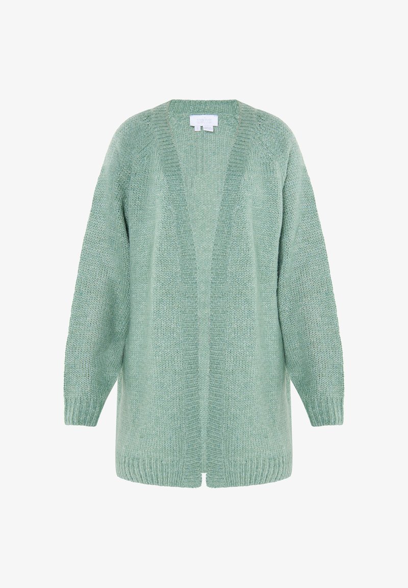 Šviesiai žalia megzta kardigano striukė su atviru priekiu, nuleistomis petnešomis ir banguota apačia. Minkšta tekstūra ir laisvas siluetas, tinkamas sluoksniavimui.