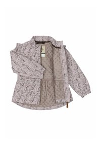 Hellrosa Jacke mit Blumenmuster, Reißverschluss, elastischen Bündchen und gestepptem Innenfutter. Mit abnehmbaren Etiketten und Taschen-Details.