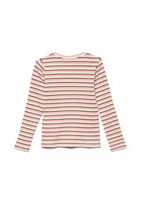 Top a maniche lunghe a coste con righe orizzontali rosa, bianche e bordeaux. Collo rotondo e spacchi laterali all'orlo. Materiale in morbido misto cotone.