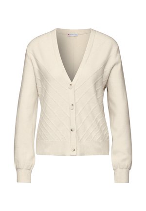 Cardigan crema realizzato in tessuto testurizzato, con scollatura a V, chiusura a bottoni e polsini a costine con motivo a diamante sulla parte frontale.