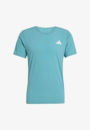Helles blaues Sport-T-Shirt mit rundem Halsausschnitt, kurzen Ärmeln und einem dezenten Punkte-Muster. Weißes Markenlogo auf der Brust.