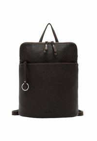 Černý kožený batoh s texturovaným povrchem, dvojitým zipovým uzavíráním, přední kapsou na zip a nastavovacími popruhy. Disponuje horním madlem.