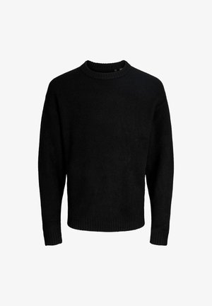 Mustamüts, ümar kaelus, pikad varrukad, ribatud mansetid ja äär, pehme tekstuur, ühtlane värv, minimalistik disain.