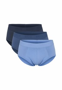 Tre par herrunderkläder i blå nyanser, med elastiska midjeband präglade med "MEN" och en slät, mjuk textur.