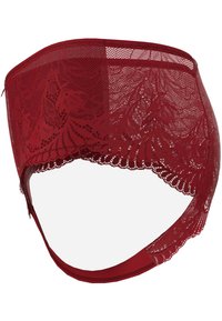 Rotes Spitzen-Bralette mit floralem Muster, gezackten Kanten und einem glatten Bund. Das Material ist durchsichtig und leicht, was den Tragekomfort verbessert.