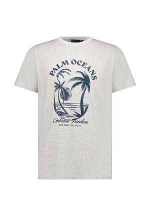 Wit gespikkeld katoenen T-shirt met een blauwe palmboomgraphic en tekst "PALM OCEAN'S Embrace Freedom" afgedrukt op de voorkant. Korte mouwen, ronde hals.