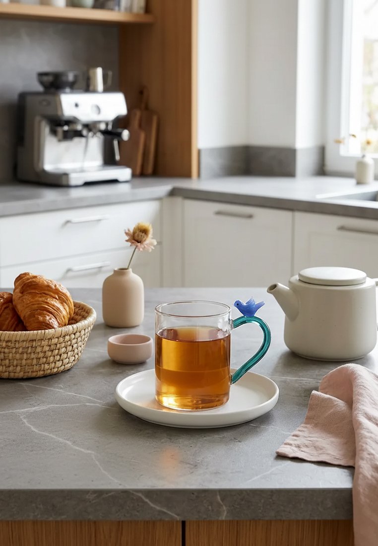 Przezroczysty szklany kubek z bursztynową herbatą i niebieską rączką w kształcie ptaka na białym talerzu, biały czajnik, koszyk z rogalikami, mała wazonik z suszonym kwiatem na blacie kuchennym.