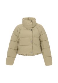 Giacca puffa kaki con colletto alto, design cropped e cuciture orizzontali. Presenta bottoni argentati e orlo elasticizzato per una vestibilità aderente.