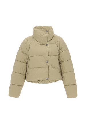 Khaki värvi puhkpank, millel on kõrge kaelus, lühendatud disain ja horisontaalne õmblus. Varustatud hõbedaste nuppudega ja elastse äärega, et tagada tihe istuvus.