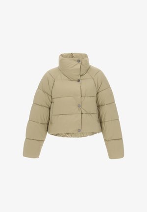 Khaki värvi puhkpank, millel on kõrge kaelus, lühendatud disain ja horisontaalne õmblus. Varustatud hõbedaste nuppudega ja elastse äärega, et tagada tihe istuvus.