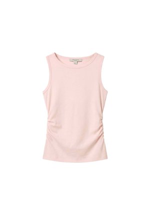 Canotta da donna senza maniche di colore rosa chiaro con scollo rotondo e leggera arricciatura sui lati, realizzata in tessuto morbido.