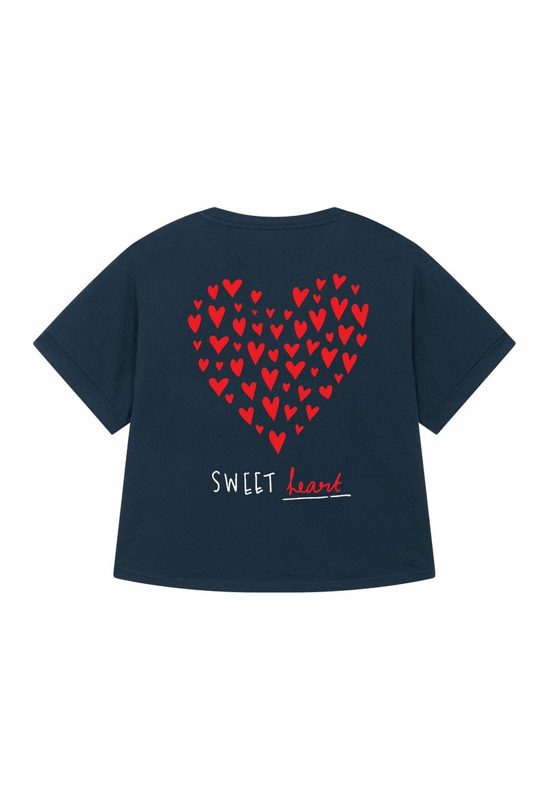 Tamsiai mėlynas medvilninis marškinėliai, laisvo kirpimo, su raudonų širdžių klasteriu ir tekstu "SWEET heart" baltu spalva nugaros pusėje.