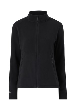 Black full-zip fleece jacket with stand collar, long sleeves, and zippered side pockets, displayed on a white background.