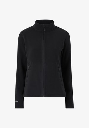 Schwarze Fleecejacke mit durchgehendem Reißverschluss, Stehkragen, langen Ärmeln und seitlichen Reißverschlusstaschen, auf weißem Hintergrund dargestellt.