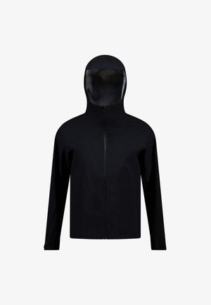 Mustat vedenpitävät takki hupulla, jossa on edessä vetoketjulukko ja pitkä hihat. Sileä pinta ja minimalistinen muotoilu.