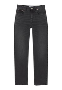Jeans neri a gamba dritta in denim con cinque tasche, rivetti in rame e una vita classica. Texture liscia con leggero sbiadimento.