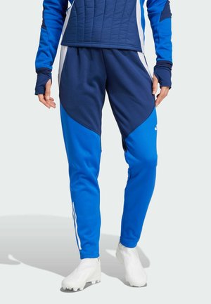 Blaue Sporthosen mit einem Design aus verschiedenen Materialien, das navy und hellblaue Abschnitte kombiniert. Enthält weiße Seitenstreifen und eine taillierte Passform.