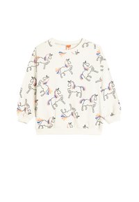 Witte sweatshirt met een speels eenhoornpatroon, voorzien van zwarte omlijningen en kleurrijke manen. Klassieke ronde hals en ribgebreide manchetten.