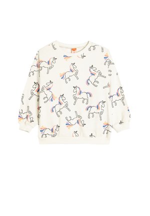 Witte sweatshirt met een speels eenhoornpatroon, voorzien van zwarte omlijningen en kleurrijke manen. Klassieke ronde hals en ribgebreide manchetten.