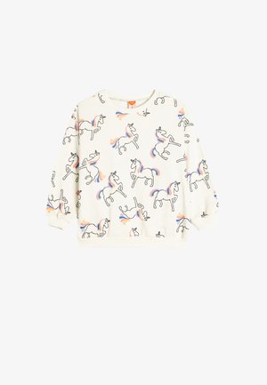 Sudadera blanca con un divertido estampado de unicornios, con contornos en negro y crines coloridas. Clásico cuello redondo y puños acanalados.