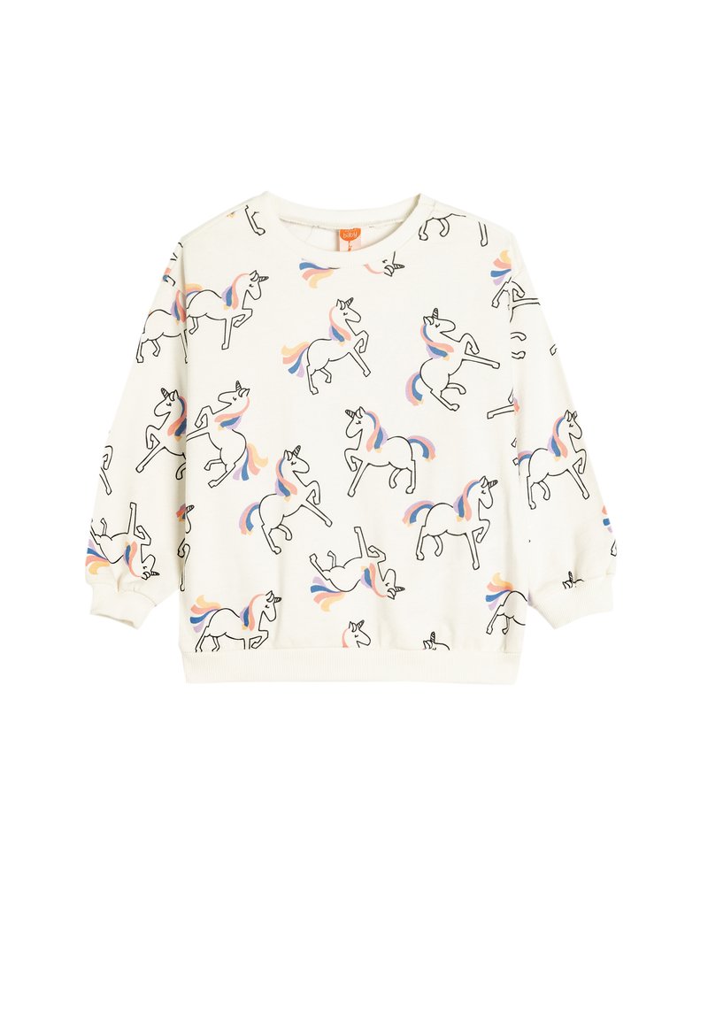 Witte sweatshirt met een speels eenhoornpatroon, voorzien van zwarte omlijningen en kleurrijke manen. Klassieke ronde hals en ribgebreide manchetten.