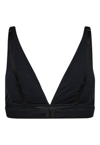 Sort BH med dyb V-udskæring, lavet af blødt stof. Har justerbare stropper og en bred kant med en hægte lukning bagpå.