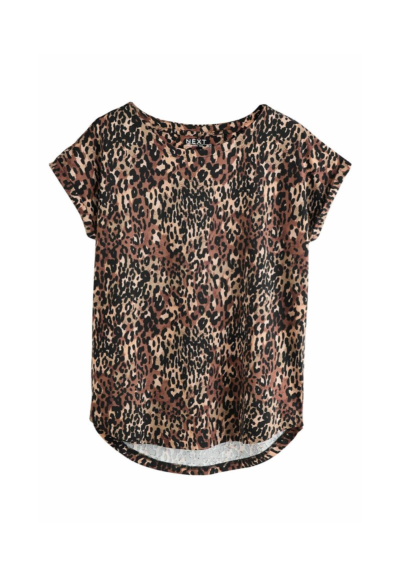 Blouse à manches courtes imprimé léopard avec col rond et ourlet légèrement incurvé, étiquetée "NEXT" à l'intérieur du col.