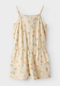 Šviesiai geltonas rompers'as su apelsinų ir citrinų raštais, turintis reguliuojamus petnešas ir elastingą liemenį. Lygus medvilnės audinys.