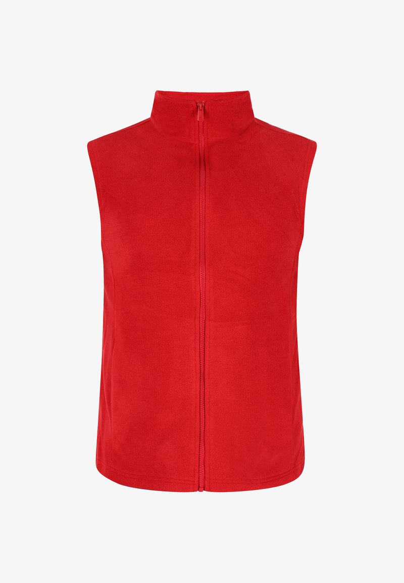 Vest roșu din polar cu un guler înalt, fermoar pe toată lungimea frontală și fără mâneci. Textură netedă și un design simplu cu un tiv drept.