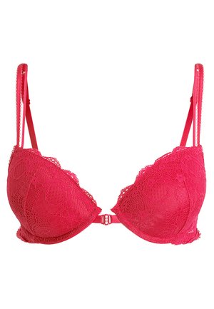 Sujetador de encaje rosa con bordes festoneados, soporte de aros, tirantes ajustables y cierre de gancho en la parte posterior.