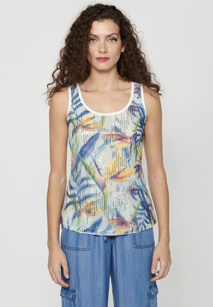 Débardeur à encolure dégagée en tissu léger et coloré, orné d'un motif floral avec des sequins, offrant une coupe ajustée et des bretelles larges.