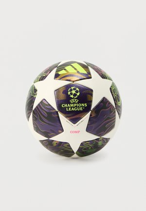 Champions League replica voetbal met een glanzend wit, paars en groen ontwerp met geometrische patronen en prominente stervormen.