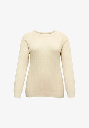 Maglione a maglia beige con texture a coste, scollo rotondo e maniche lunghe. Presenta dettagli di sottile motivo su tutto il tessuto.