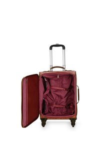 Rolling suitcase with a brown and pink design, silver metal handle, and an interior featuring red striped fabric and adjustable straps.