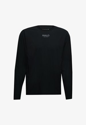 Sort langærmet skjorte lavet af glat stof, med rund hals og et lille hvidt logo på brystet. Enkel, ubrudt design.