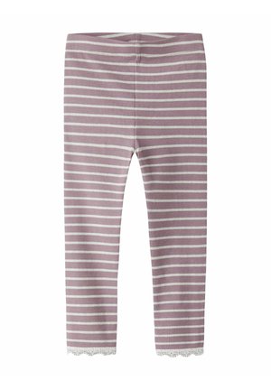 Leggings pour tout-petit rayés lilas et blancs avec une bordure en dentelle à la cheville, fabriqués en tissu côtelé.